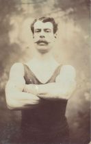 Antique studio photograph of an athlete sporting a great moustache! Written in pencil to the reverse "Hutchinson", circa 1900/1910